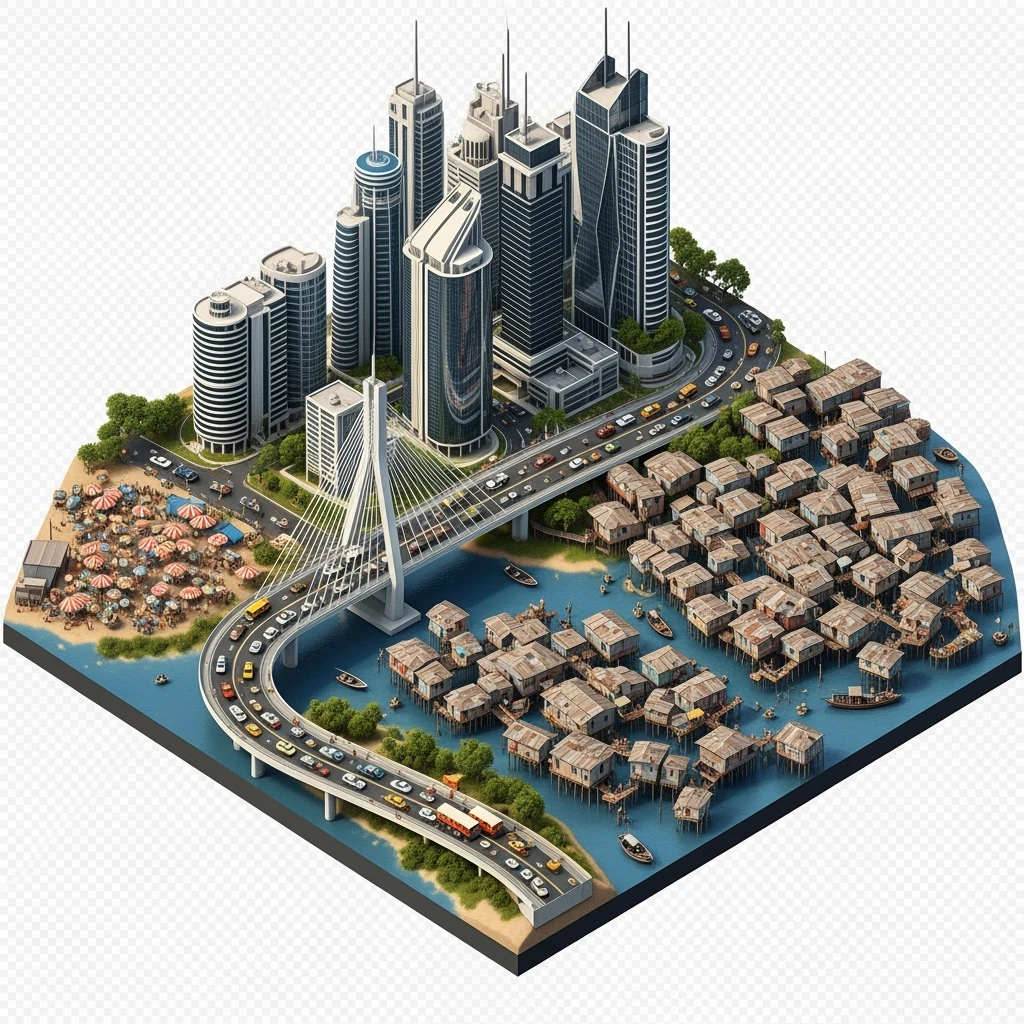 Isometric miniature of Lagos Lekki-Ikoyi Bridge, Eko Atlantic skyscrapers, Makoko slums, tin-roof shacks, chaotic markets, gridlocked traffic, 3D miniature effect and Tilt Shift effect, no cartoonish look, transparent background, don't cut angles emoji