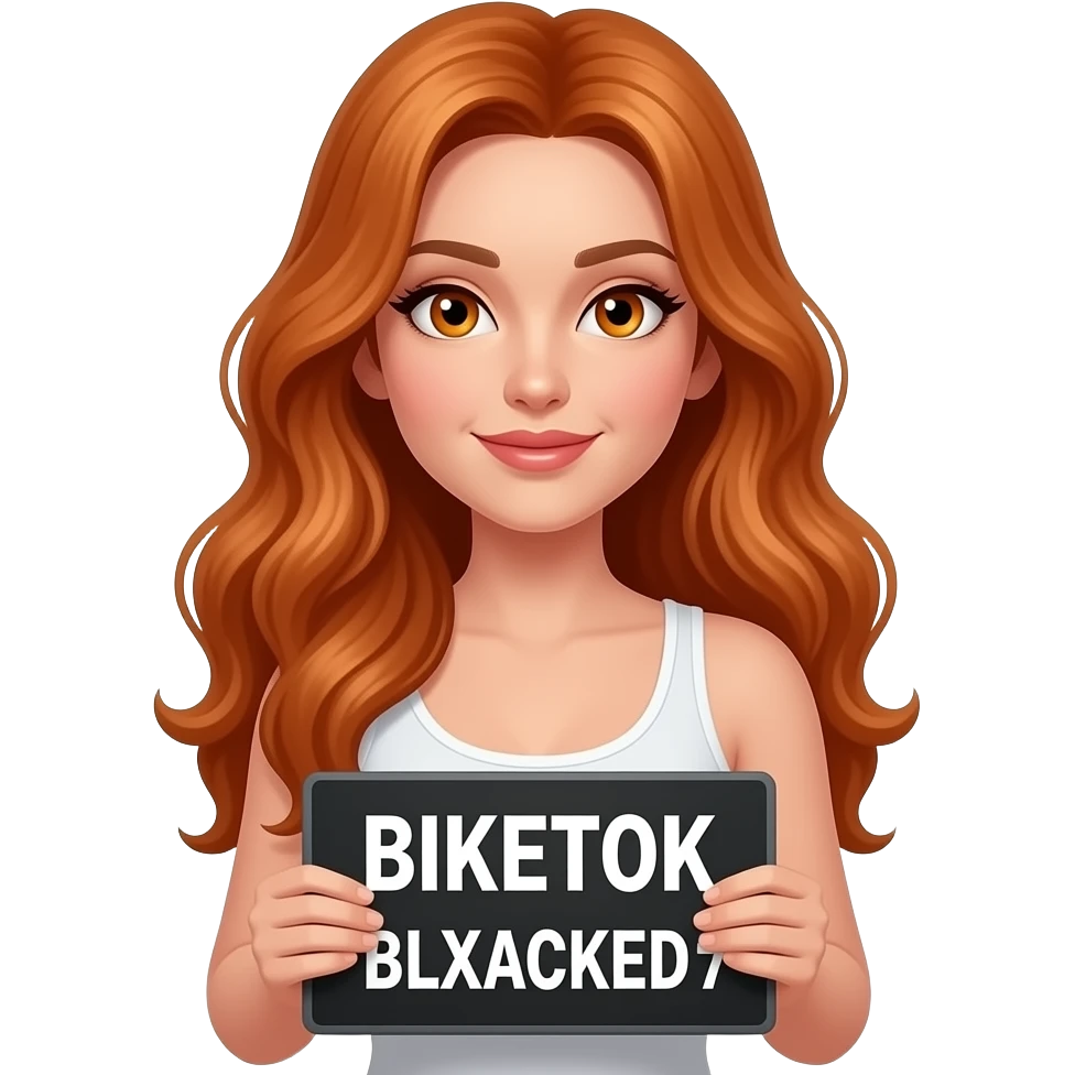 sexy girl with long wavy ginger hair and ginger eyes wearing a white tanktop is holding a black colored sign with BIKETOK BLXCKED.7 written on it emoji