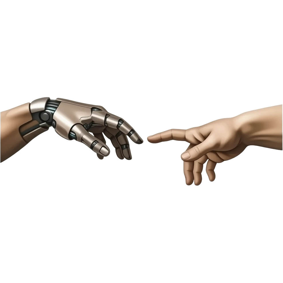 cyberpunk  - the touch of the fingers of two palms as in Michelangelo's painting in the Sistine Chapel, but mechanically constructed emoji