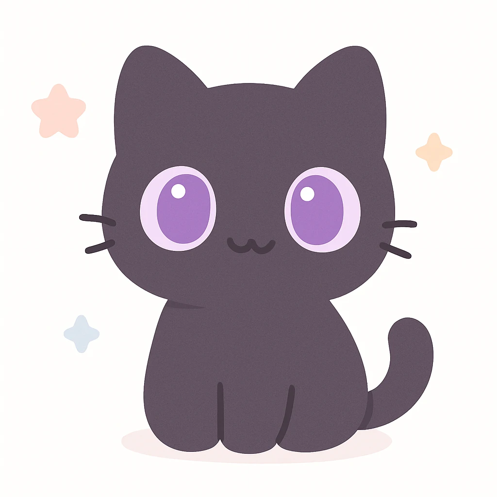 cartoonish black cat with oversized purple eyes, looking curious emoji