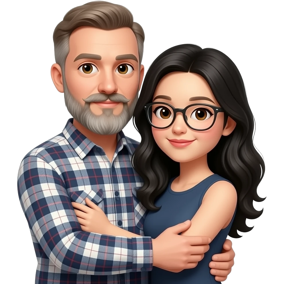 A slim white man with thinning light brown hair, hazel eyes, moustache and very long scraggly graying beard, wearing a plaid flannel long sleeve shirt, embracing a chinese woman with long black wavy hair, brown eyes  and glasses emoji