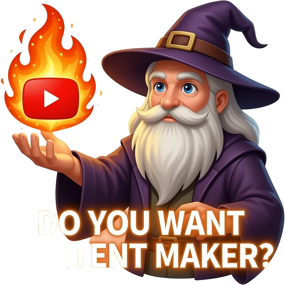 A wizard’s hand holding a glowing, looking at viewer, magical YouTube logo like a fire spell. glowing white text on the bellow: "DO YOU WANT CONTENT MAKER?" High fantasy, mystical particles, clean, sticker style emoji