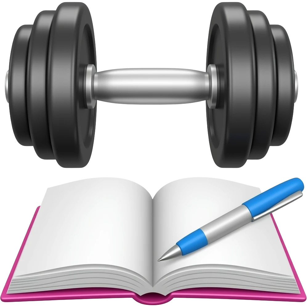 哑铃+书本+笔，风格写实，不要有任何卡通元素，主要用色为粉色和蓝色 emoji