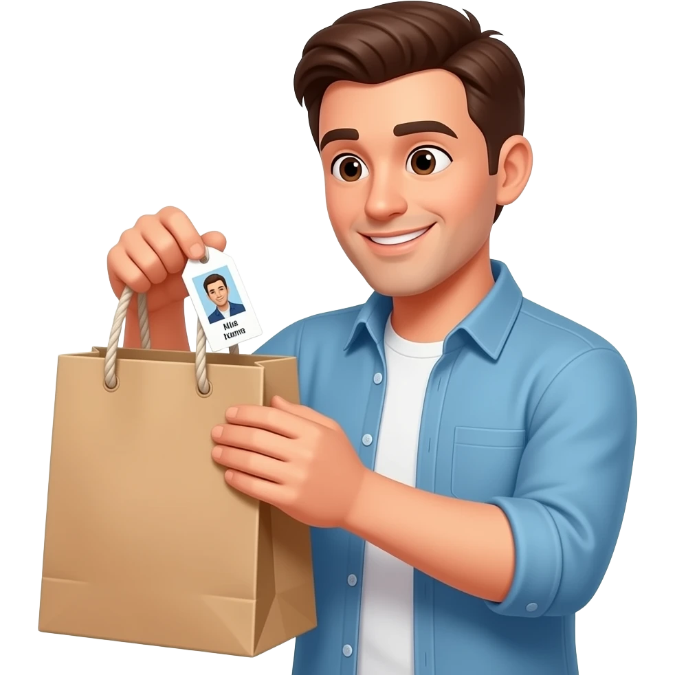 man checking name label on shopping bag. informally dressed and name label says name on it emoji