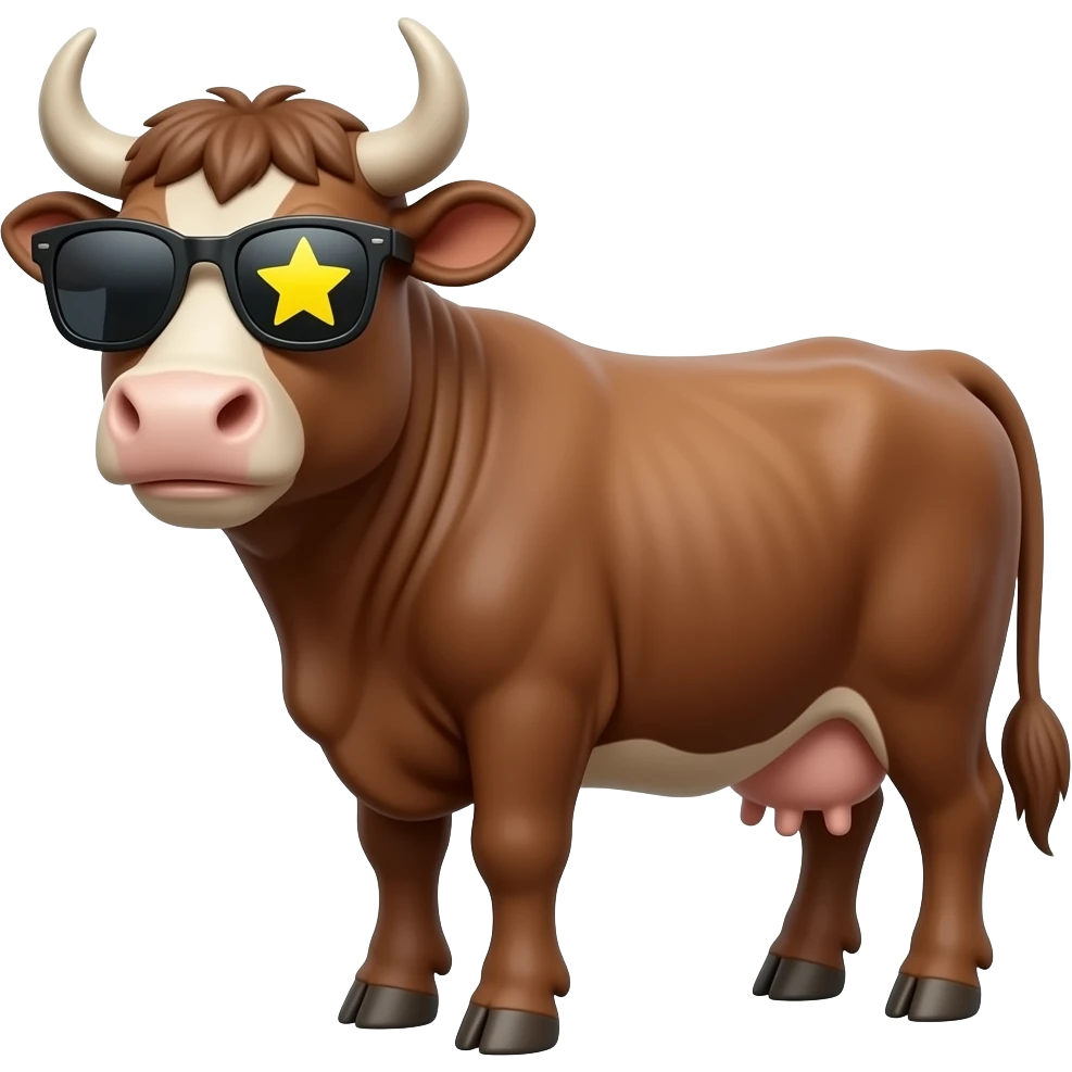 a whole body of brown wagyu cow but look at camera with a little smile but look cool and wear sunglasses with yellow  wink / star  on left side of glasses emoji