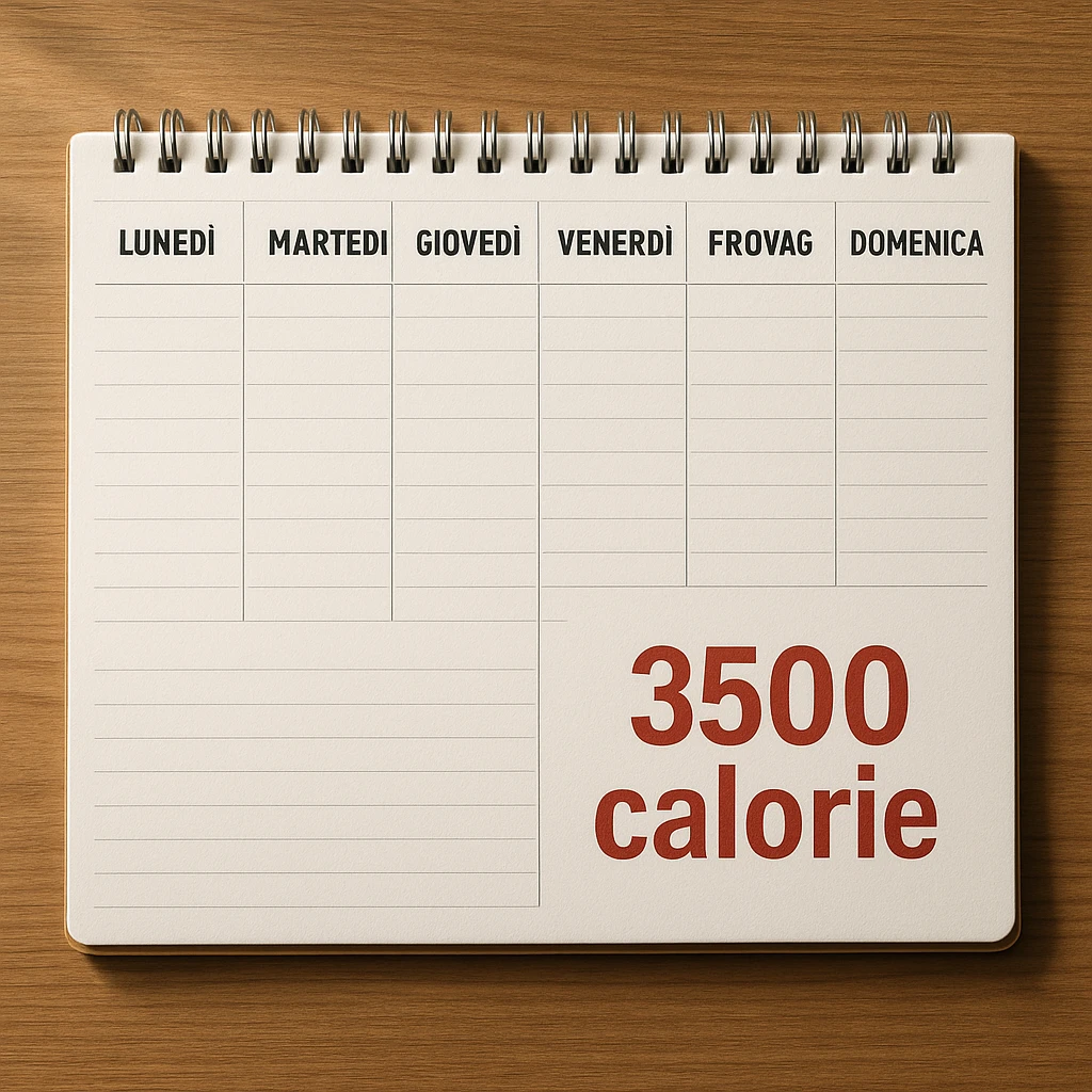 Hyperrealistic top-down view of a weekly calendar in Italian, showing days from Monday to Sunday. Only Saturday and Sunday have the text '3500 calorie' large, centered, and in red below, with no red circle on Friday. 4K details, desk atmosphere. emoji