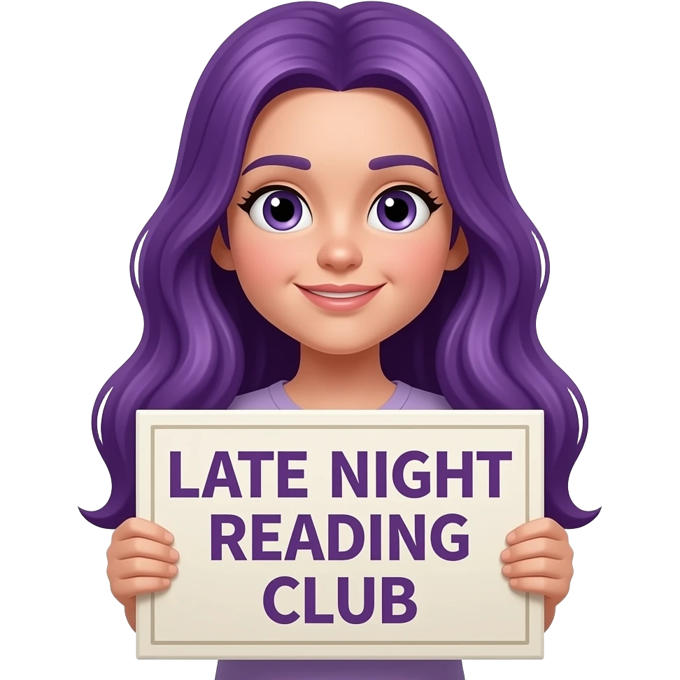 girl with long purple hair with a LATE NIGHT READING CLUB sign emoji