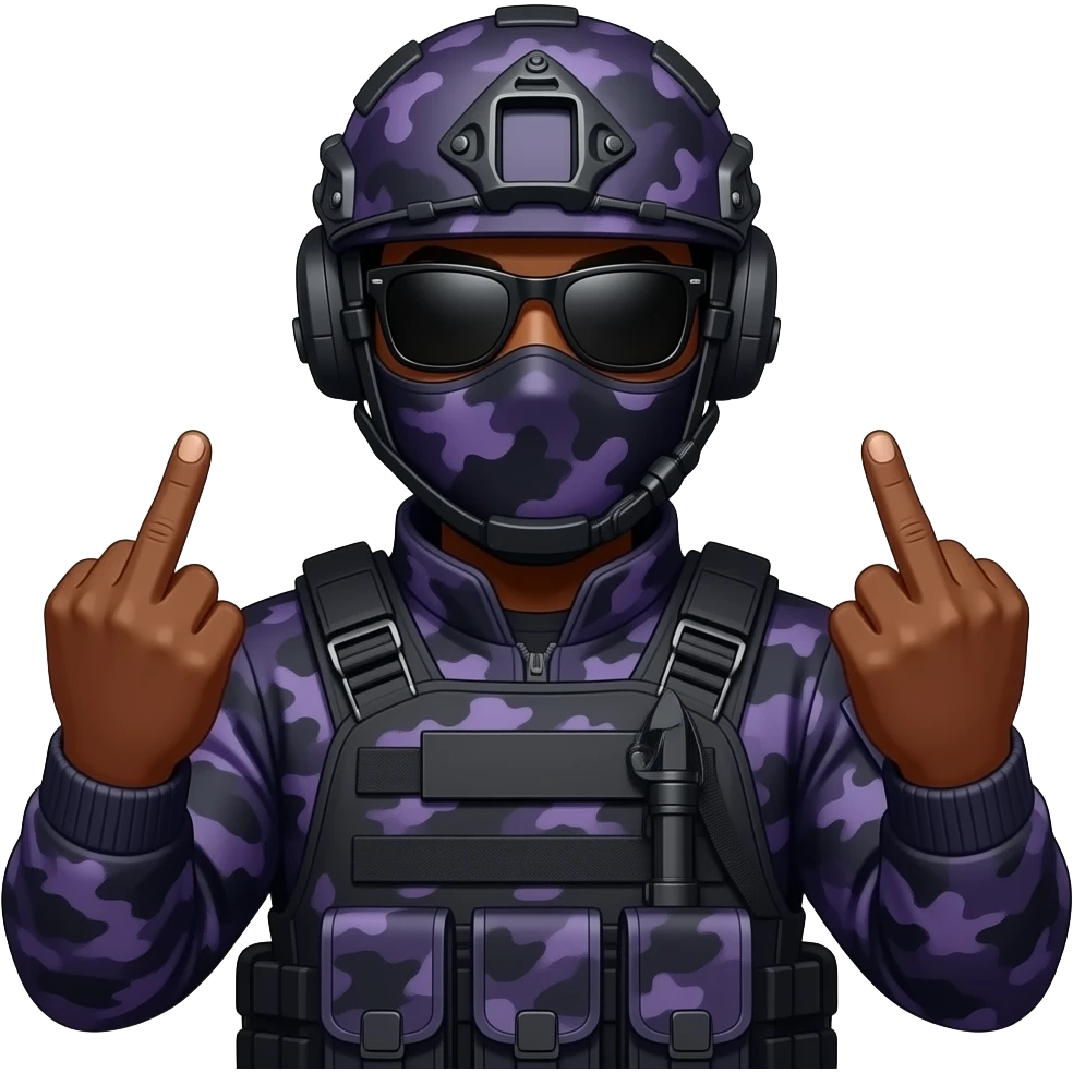 Black Man with two middle fingers in large black sungoggles dark purple camoflage tactical gear helmet mask emoji