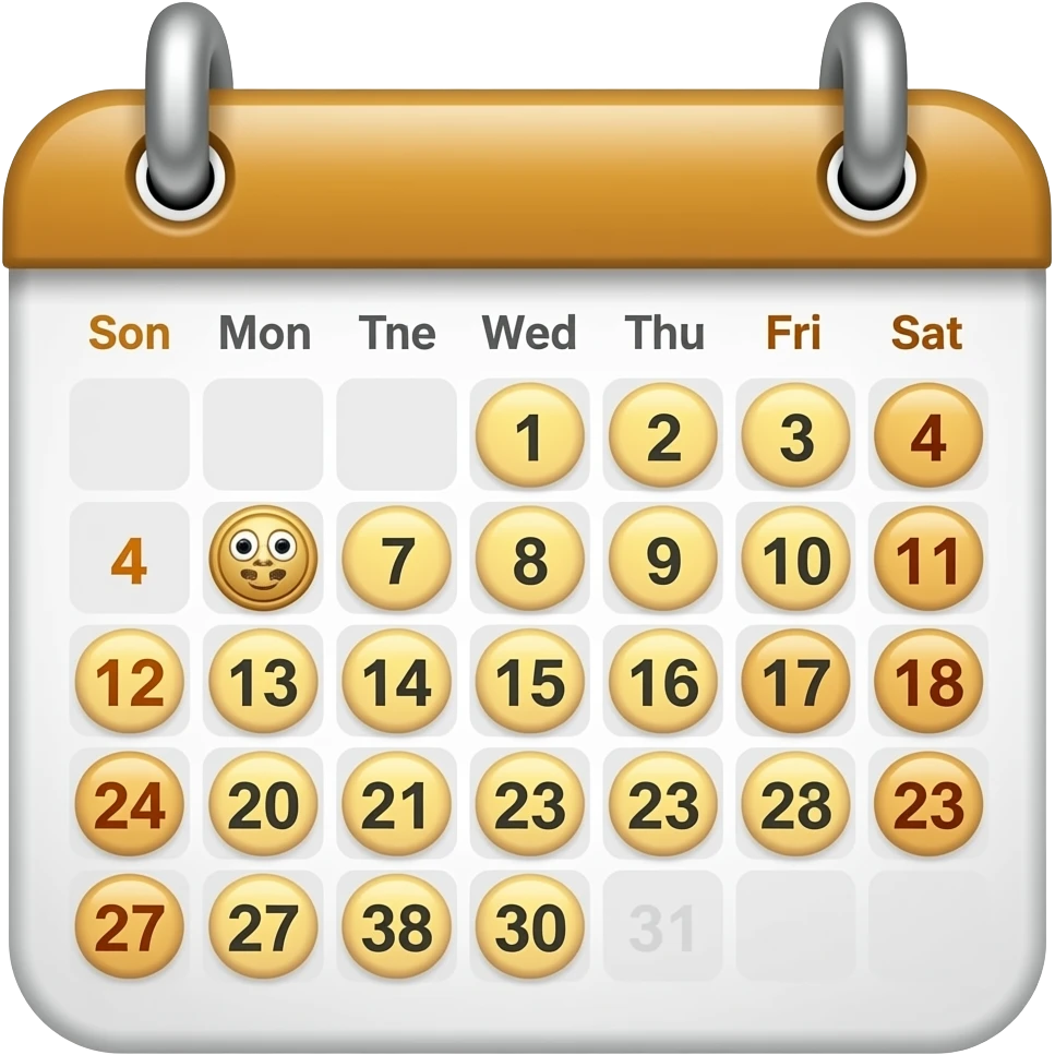 Can you generate me an image of a calendar styled like an emoji with 7 days and the weekends (first & last day) be golden please emoji