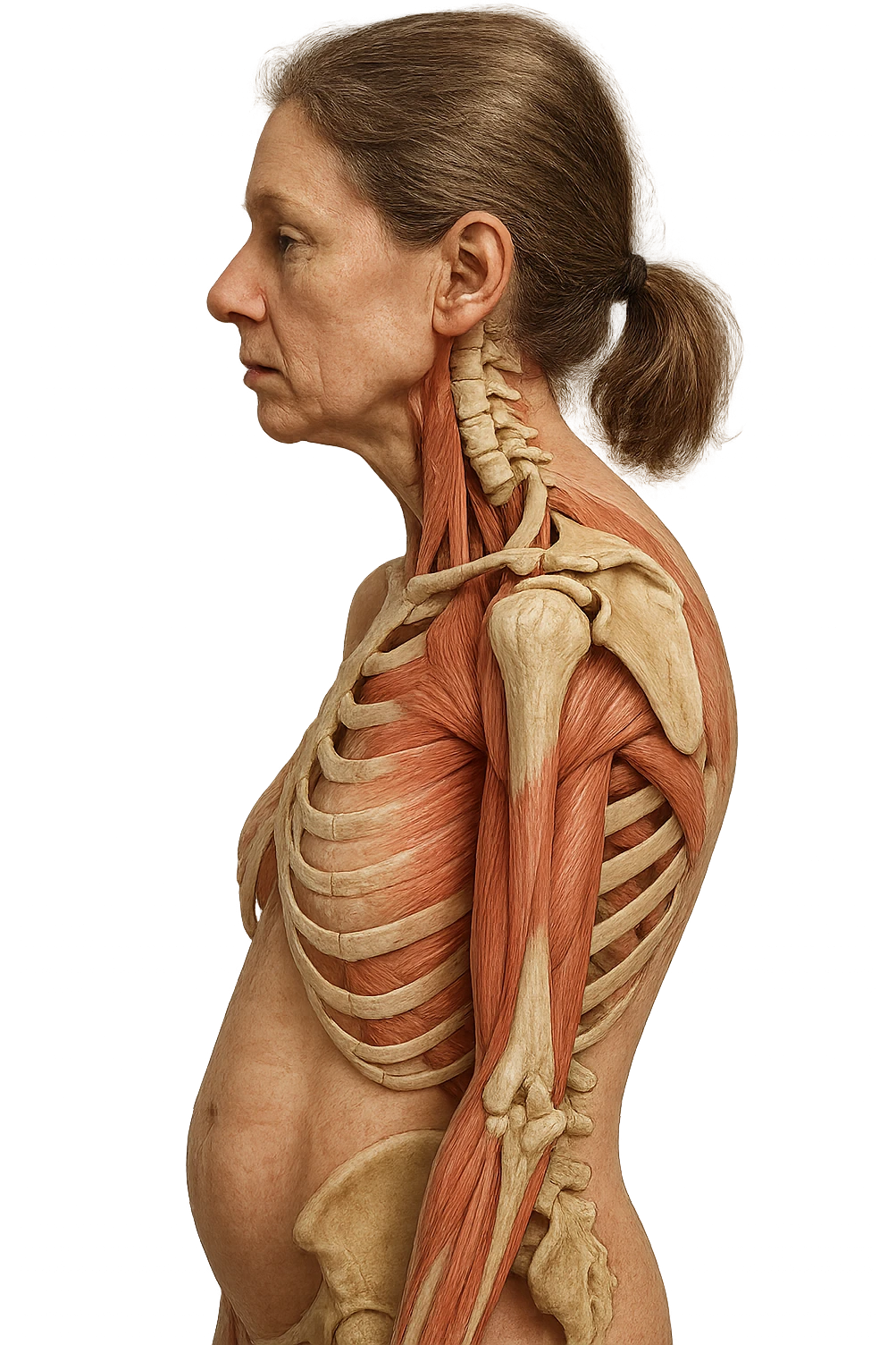 corpo umano anatomico di una donna di profilo con postura errata e spalle curve in avanti
IPERREALISTICO 4K emoji