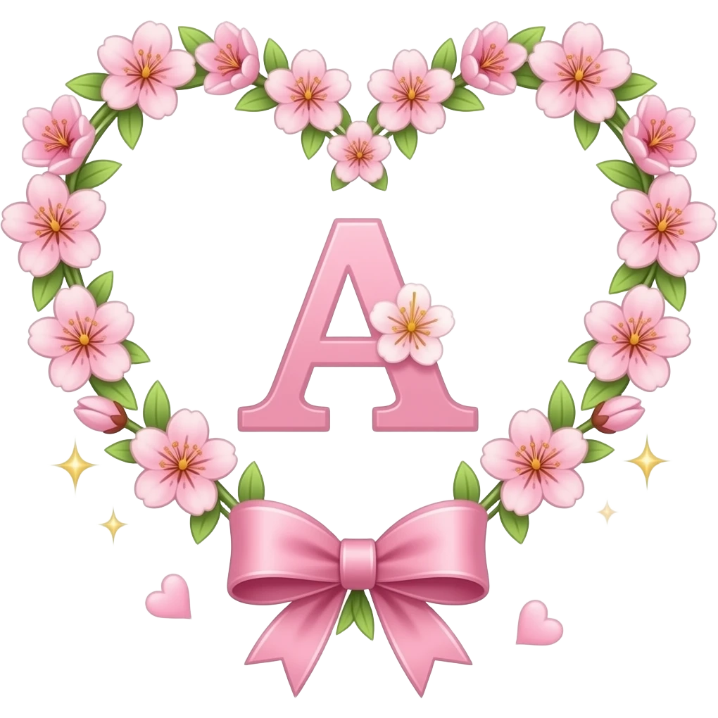A Floral Heart formed from a ring of tiny glowing lilies and soft pink letter 'A' cherry blossoms. A dainty silk ribbon bow is tied at the bottom. Ethereal, soft-focus lighting, iridescent finish, and floating Sparkling Hearts emoji