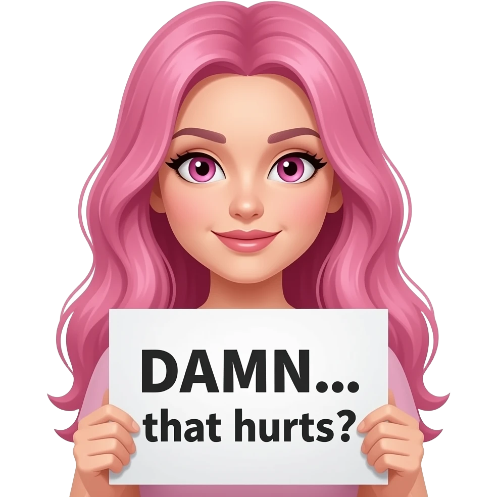 sexy girl with long pink hair and pink eyes holding DAMN... that hurts sign emoji