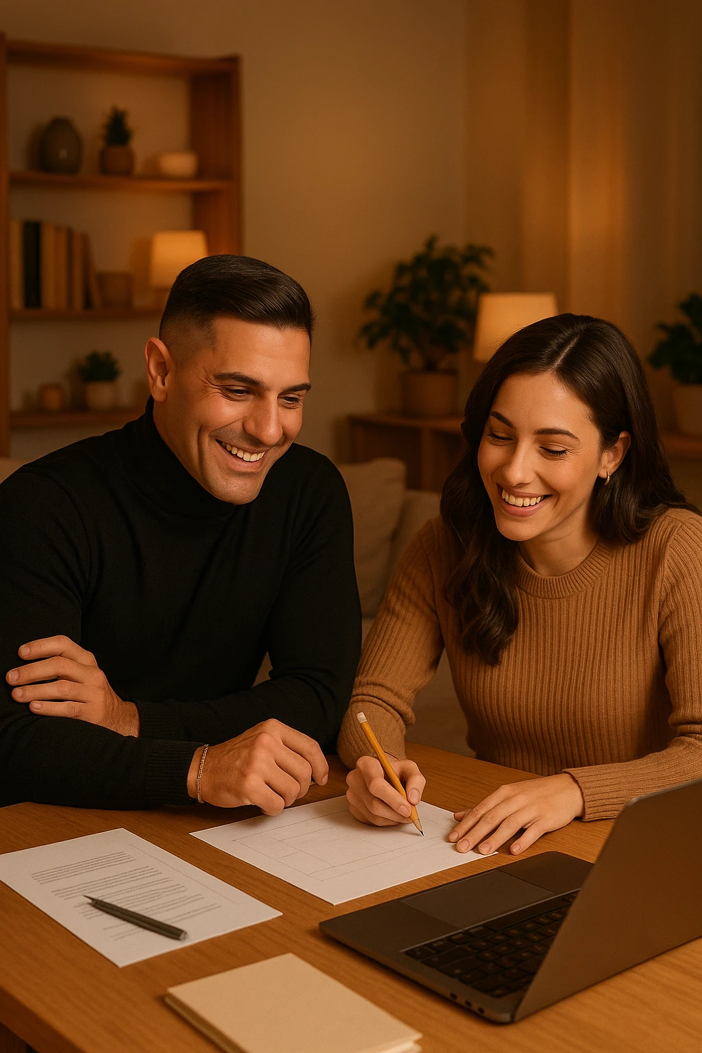 a man and woman work together on a project at home, with the man offering guidance and the woman actively participating and contributing ideas. Their expressions show teamwork and satisfaction, highlighting the benefits of collaboration and shared leadership. The setting is warm and inviting. emoji