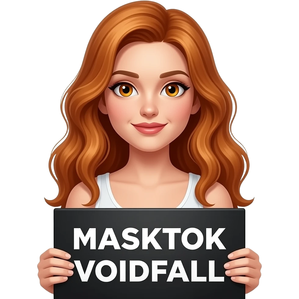 sexy girl with long wavy ginger hair and ginger eyes wearing a white tanktop is holding a black colored sign with MASKTOK VOIDFALL written on it emoji