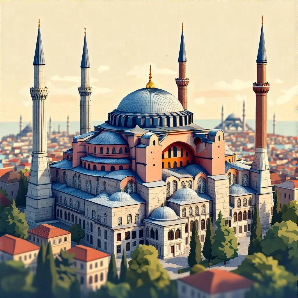 Isometric illustration of Istanbul, featuring photorealistic of Hagia Sophia in Istanbul central dome with four minarets, subtle stone textures, soft lighting and shadows, semi-realistic and stylized miniature look, transparent background. emoji