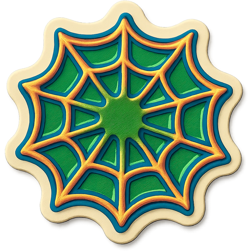 green spider web with colored outlines, expressive shadows and highlights, transparent spaces between the web strands, no fill, playful and dimensional retro sticker style, no background fill between the web lines emoji