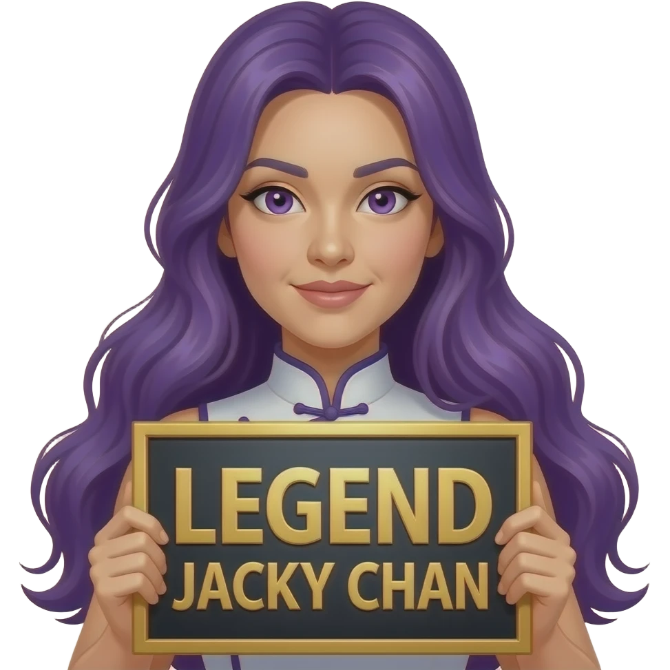 sexy girl with long purple hair and purple eyes holding a LEGEND JACKY CHAN sign emoji