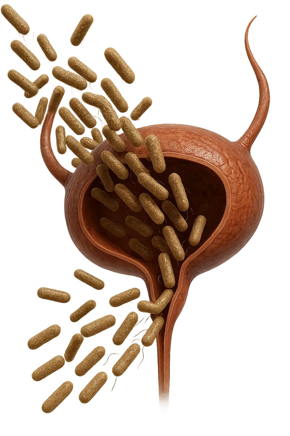 batteri intestinali che migrano ed entrano in una vescica anatomica realistica per infettarla, iperrealistico 4k emoji