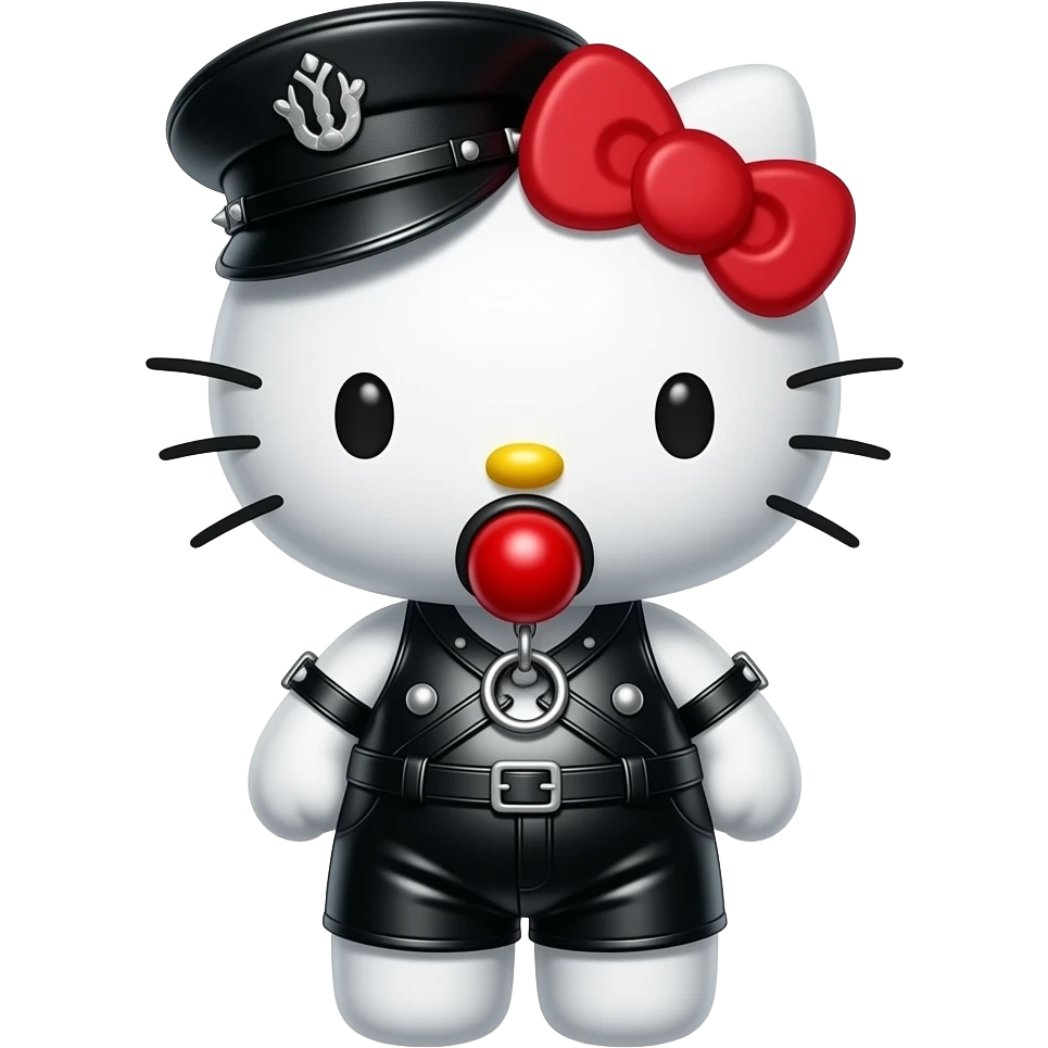hello kitty representada de cuerpo entero como esclava BDSM fetichista vestida de latex ajustado y O-ring harness, gorra militar de cuero con tachuelas, mordaza de bola roja, emoji