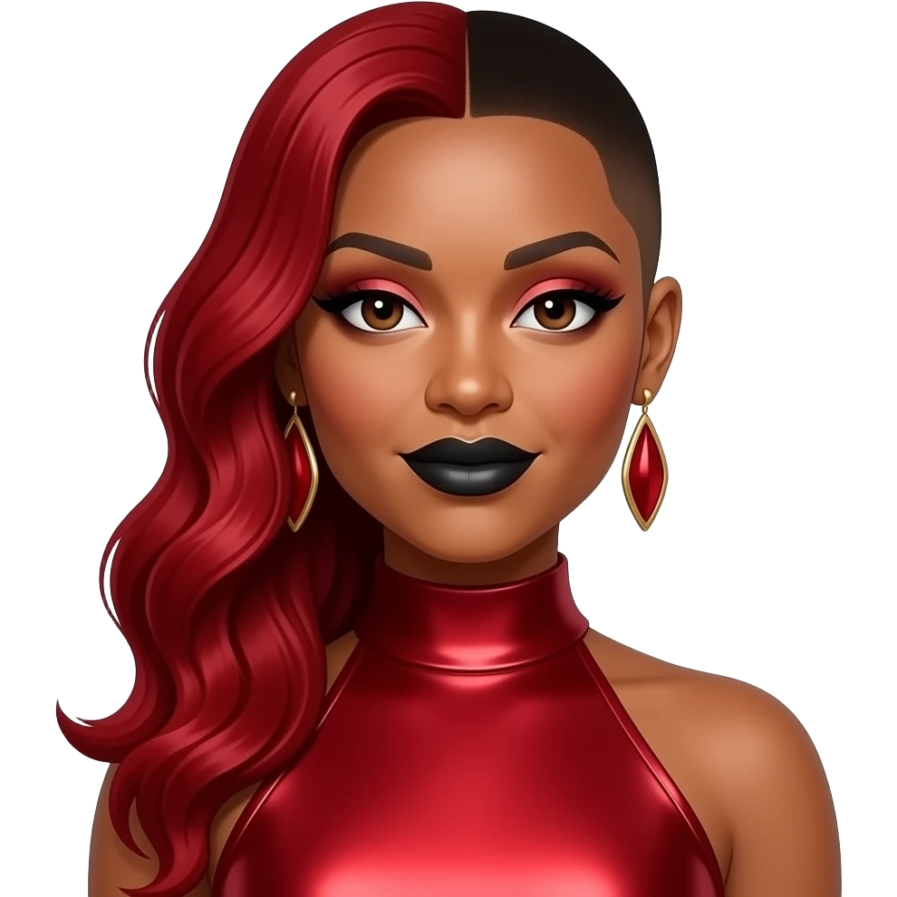 Tionne T-Boz Watkins from TLC with dark brown eyes, red hair, one side long, one buz cut, red eyeshadow, black lipstick, red metallic high neck dress, earrings emoji