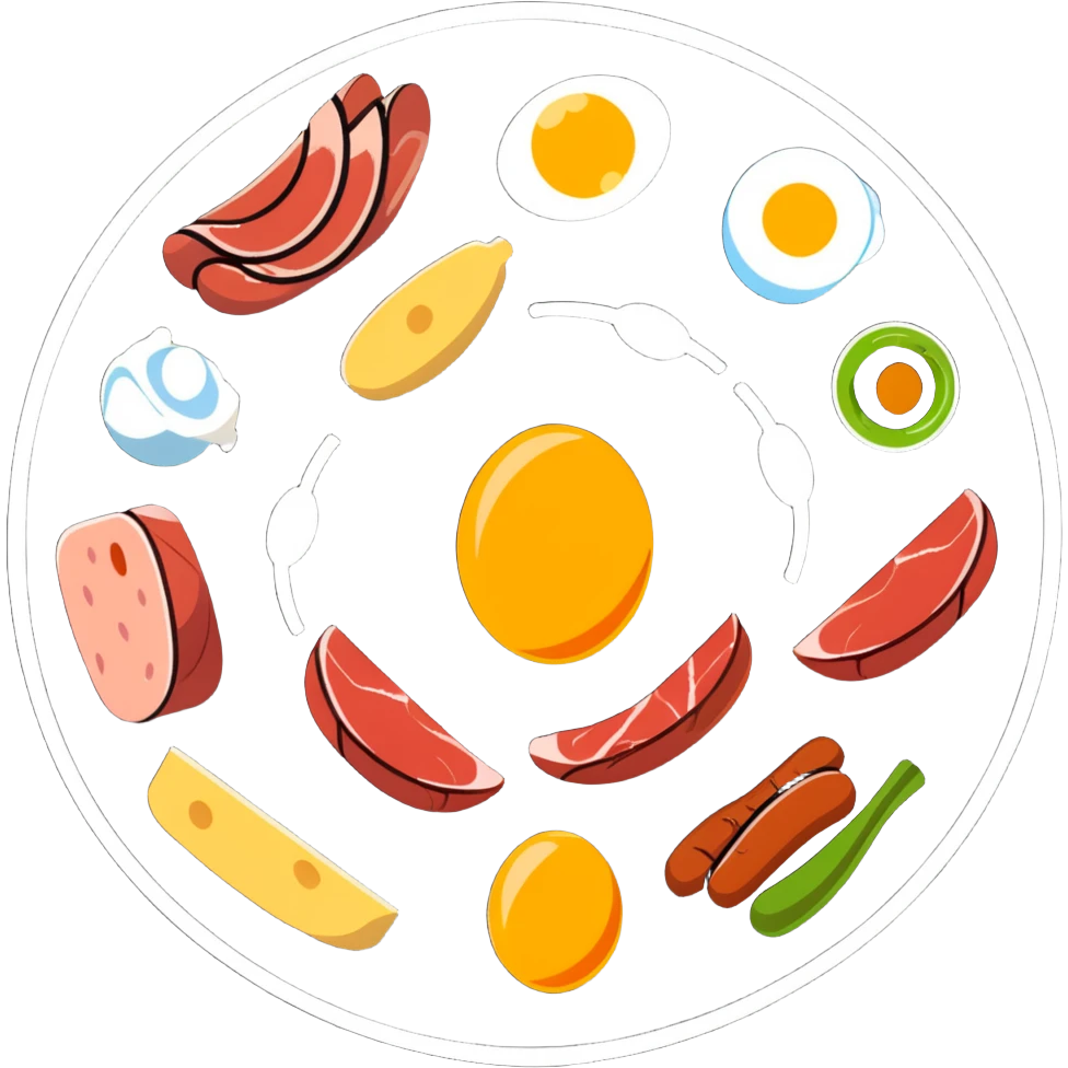 Close-up of glowing muscle fibers only, semi-transparent and pulsating with energy. Protein food icons (meat, egg, beans, tofu, yogurt) orbit around the muscle fibers in a warm energetic circle. emoji