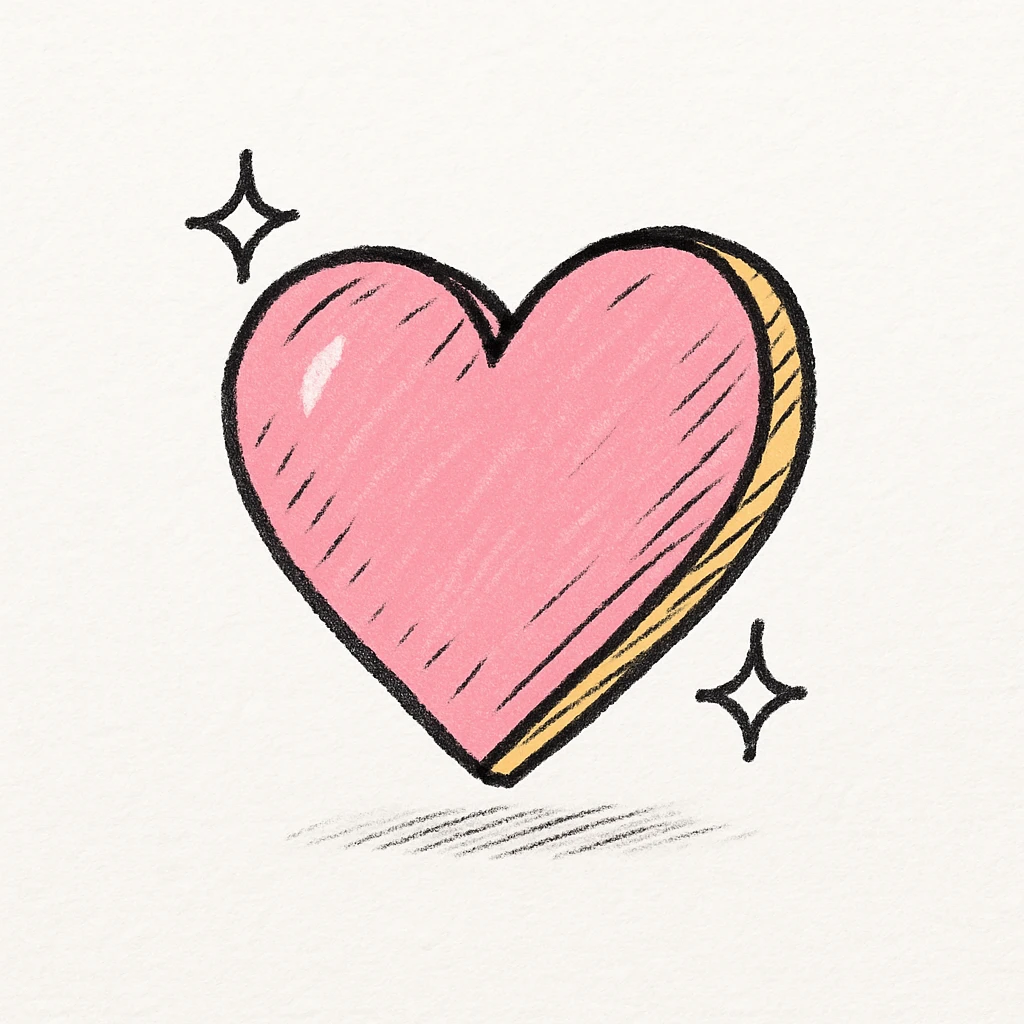 3D effect on a large pink heart with sparkles and gold outline, hand drawn black outline style, white clean background, subtle shadow emoji