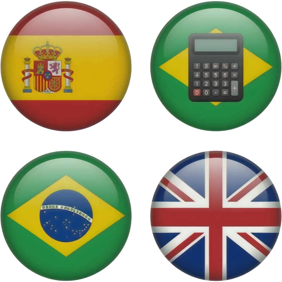 calculator with spanish flag, brazil flag, and uk flag emoji