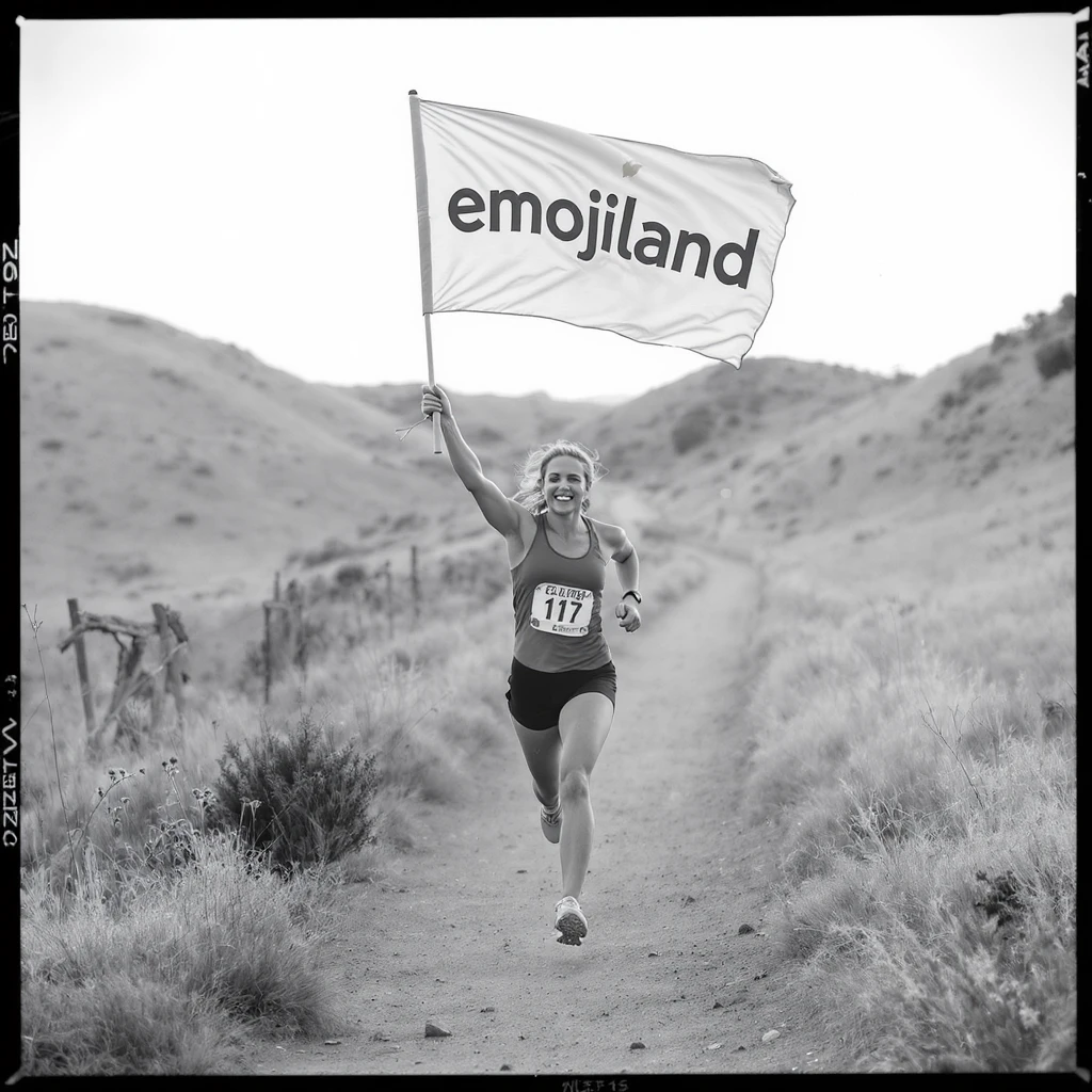 happy runner waving a flag that says 'emojiland' emoji