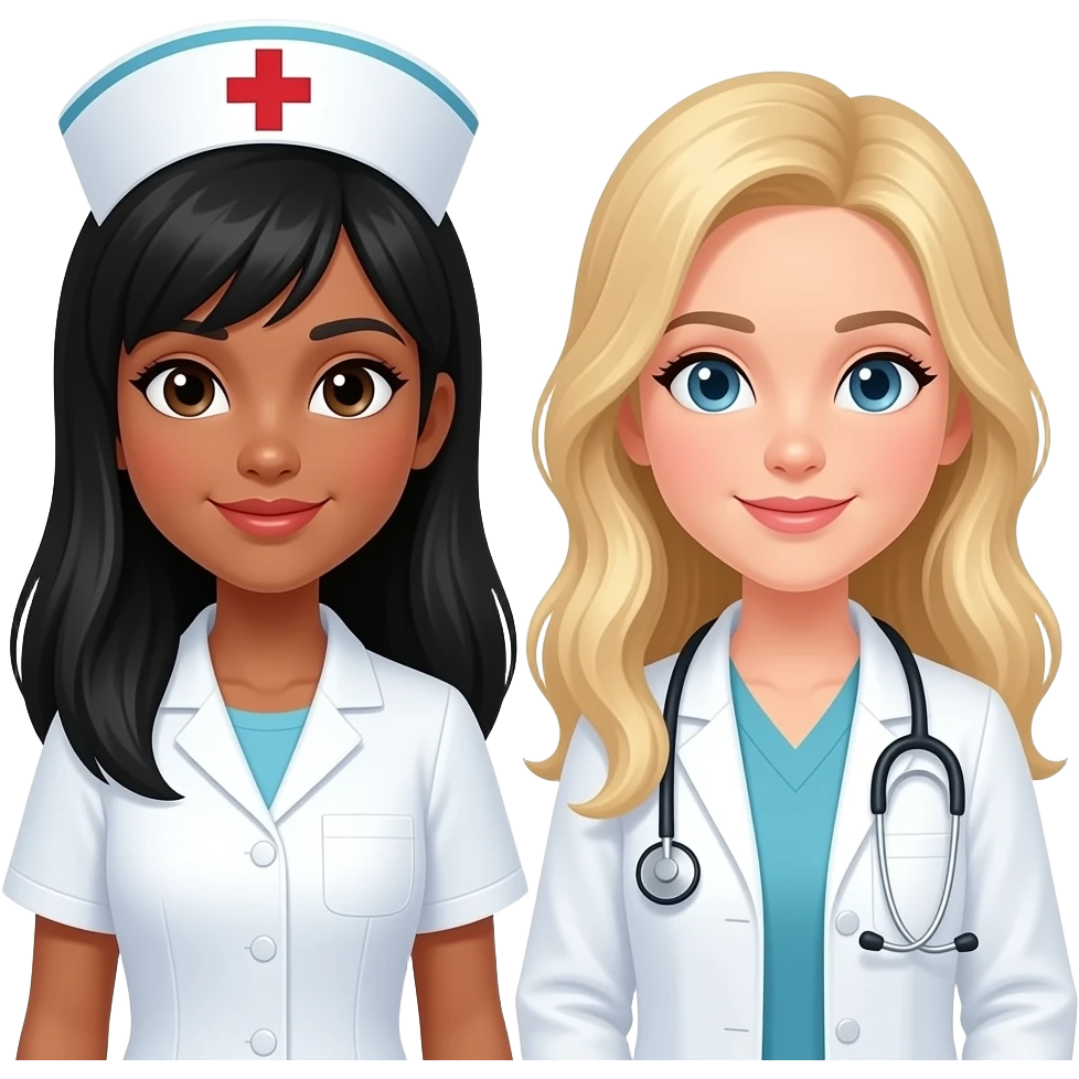Necesito una imagen de una enfermera de piel blanca con pelo largo negro junto con una nutricionista rubia pelo largo pero que sean dos chicas emoji