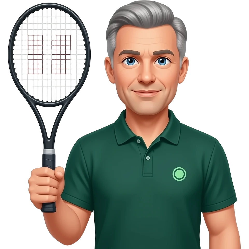 man, 60s aged, thin grey hair, blue eyes, tennis racket in right hand, dark green polo, small circle logo, no beard emoji