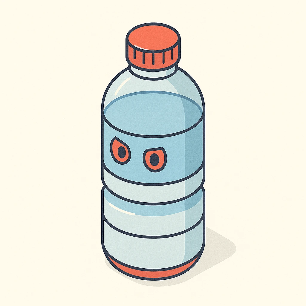 A water bottle with red eyes emoji