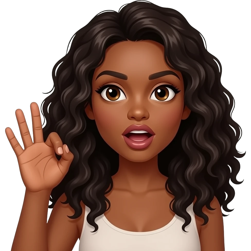 A brown woman with dark long curly hair and big pouting lips Holding her hand up with an open fist. Mouth needs to be open. Eyes looking to the righg emoji