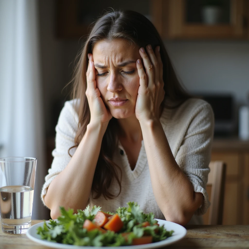 adult woman, photorealistic, failed diet, distressed expression, sitting in front of diet menu, glass of water and vegetables, natural light, restaurant background emoji