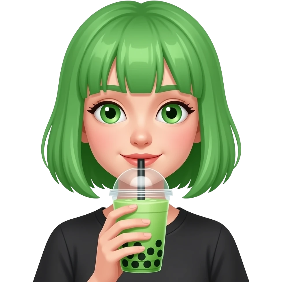 A girl with a green hair and light green eyes drinking dark green buble tea. emoji