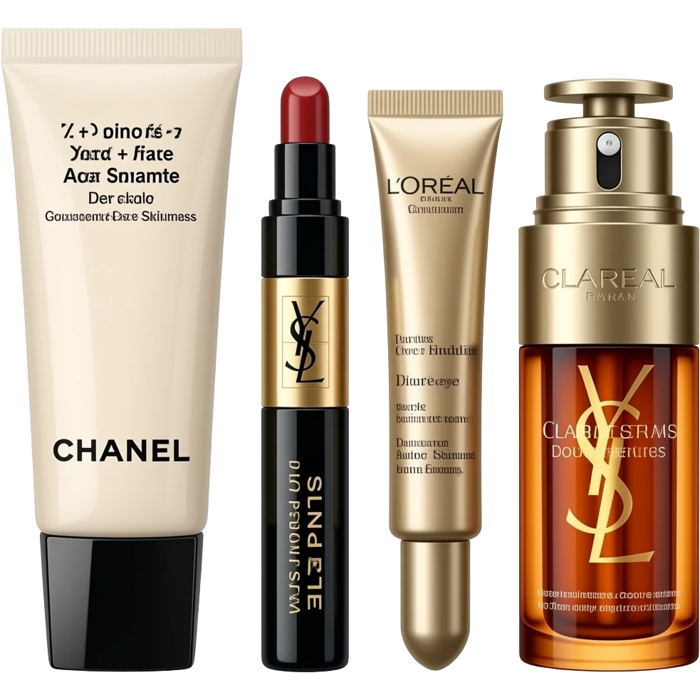 Chanel moisturizer, YSL eye cream, L'Oréal face mask, Dior eye cream, Clarins Double Serum, skincare set collection emoji