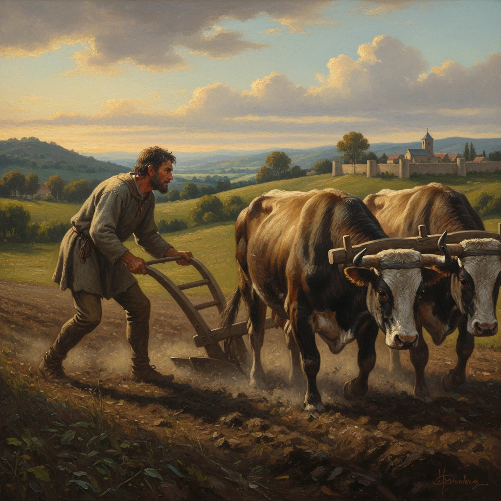 нарисуй в профиль средневекового мужчину с плугом и волами emoji