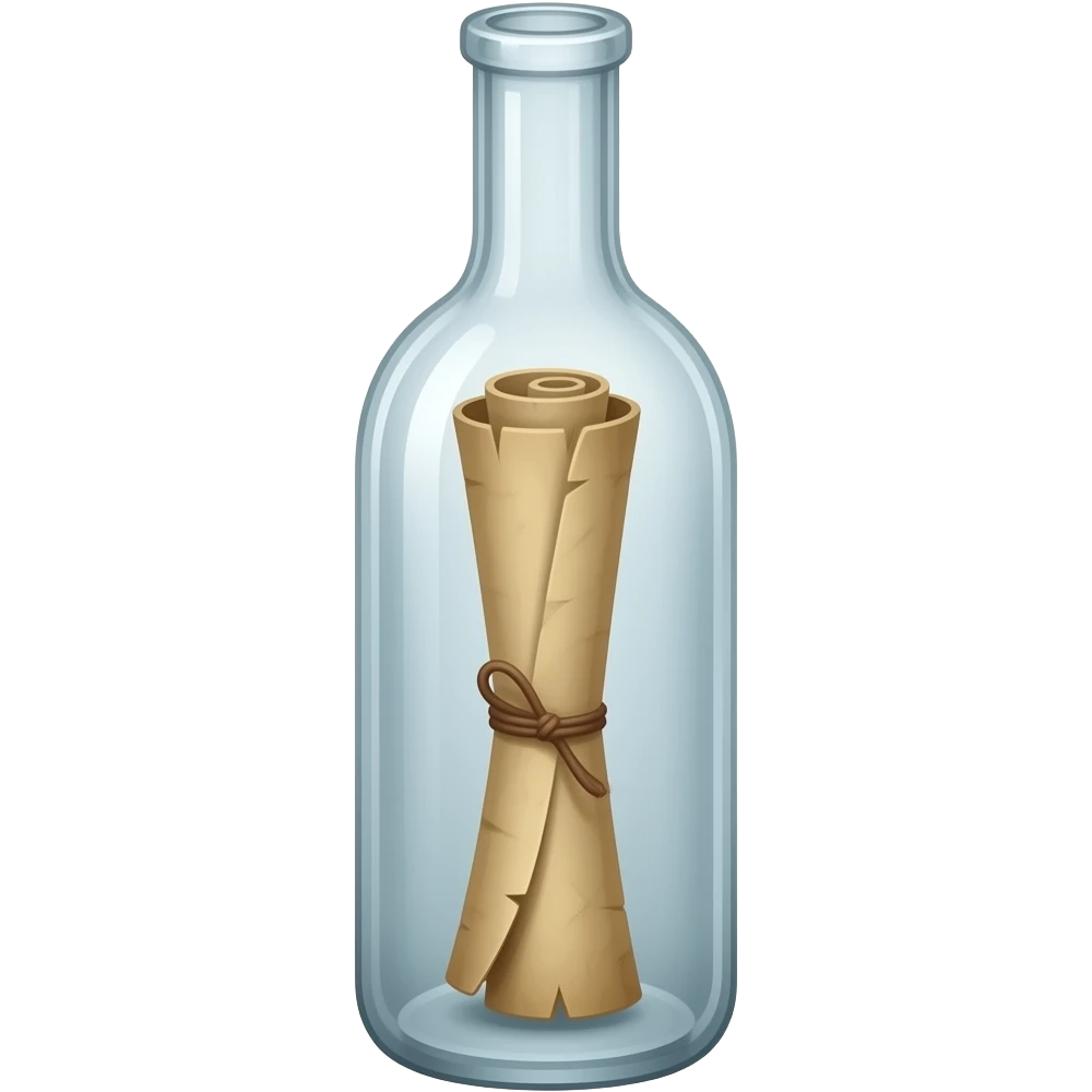 A tall, thin glass bottle containing a rolled-up message on an old piece of paper, positioned so that the message is located exactly in the center of the bottle. emoji