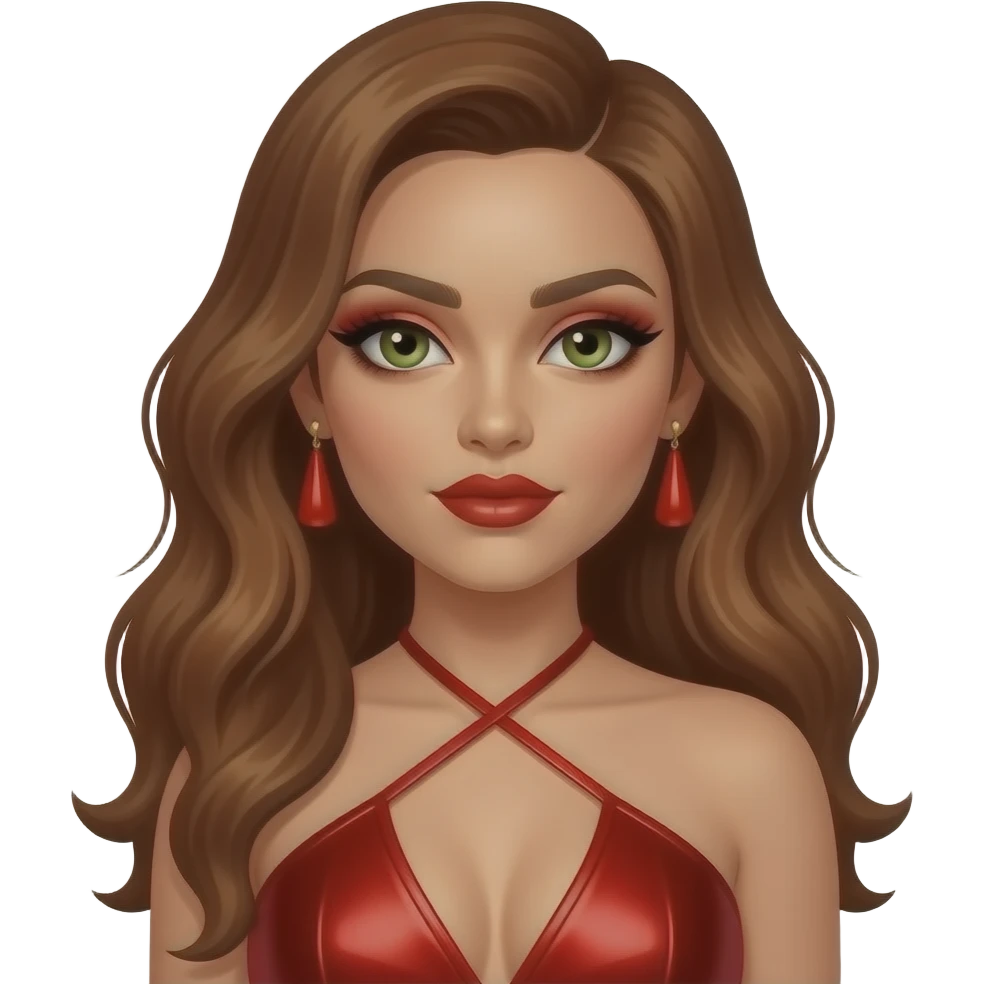 Jesy Nelson from Little Mix with hazel-green eyes, long auburn hair, red eyeshadow and lipstick, red metallic halter dress, red earrings emoji