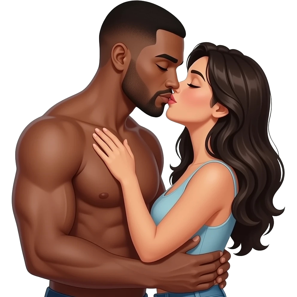 Black muscular man kissing Spanish woman with long hair hugging emoji