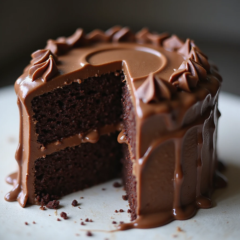 a realistic double fudge chocolate cake, rich chocolate layers, glossy fudge icing, photorealistic style, no background emoji