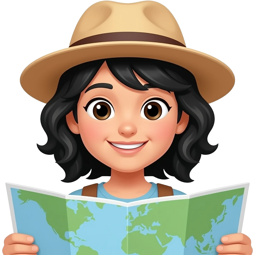 black hair, white skin, wavy hair tourist emoji looking at maps emoji