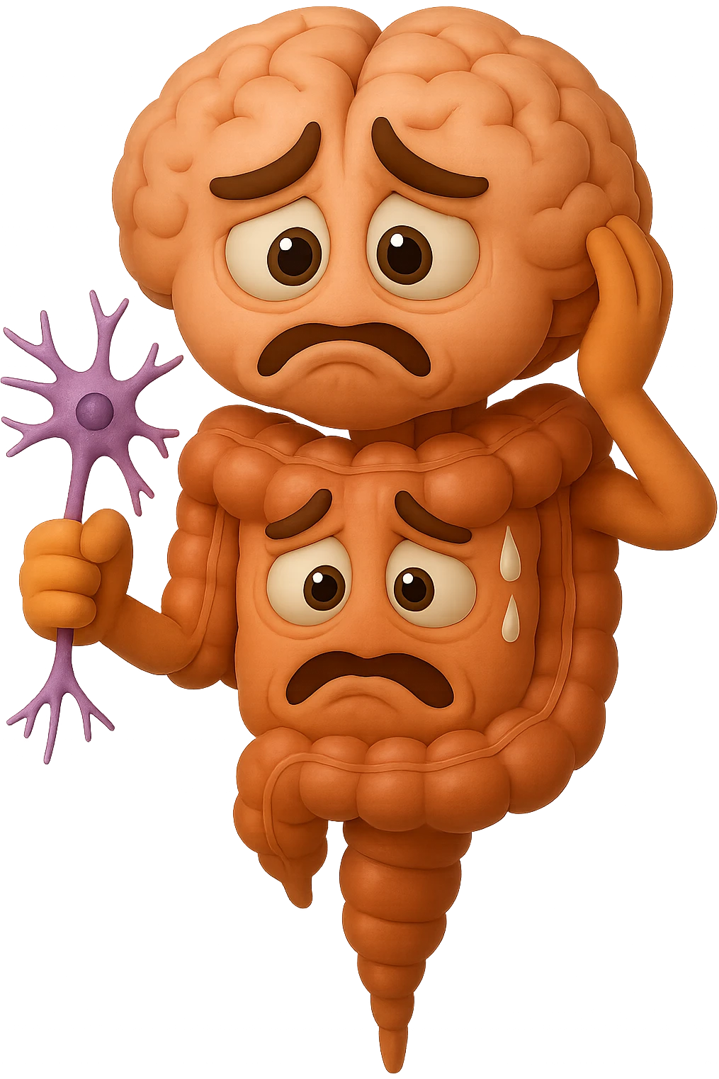 EMOJI STILE IPHONE DI UN INTESTINO collegato verticalmente ad un cervello mentre tiene in mano un neurone, espressione stressata, IPERREALISTICO 4K emoji