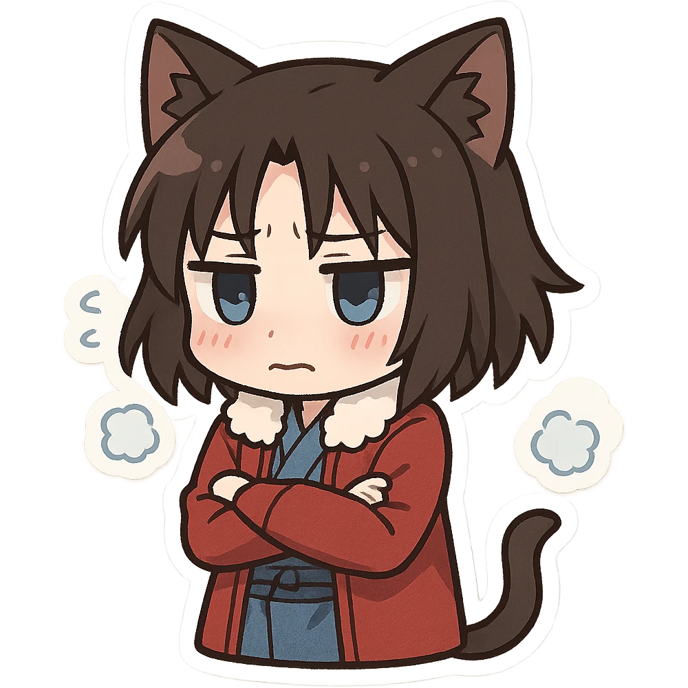 Chibi Ryougi Shiki with cat ears and cat tail, looking cold, signature outfit emoji