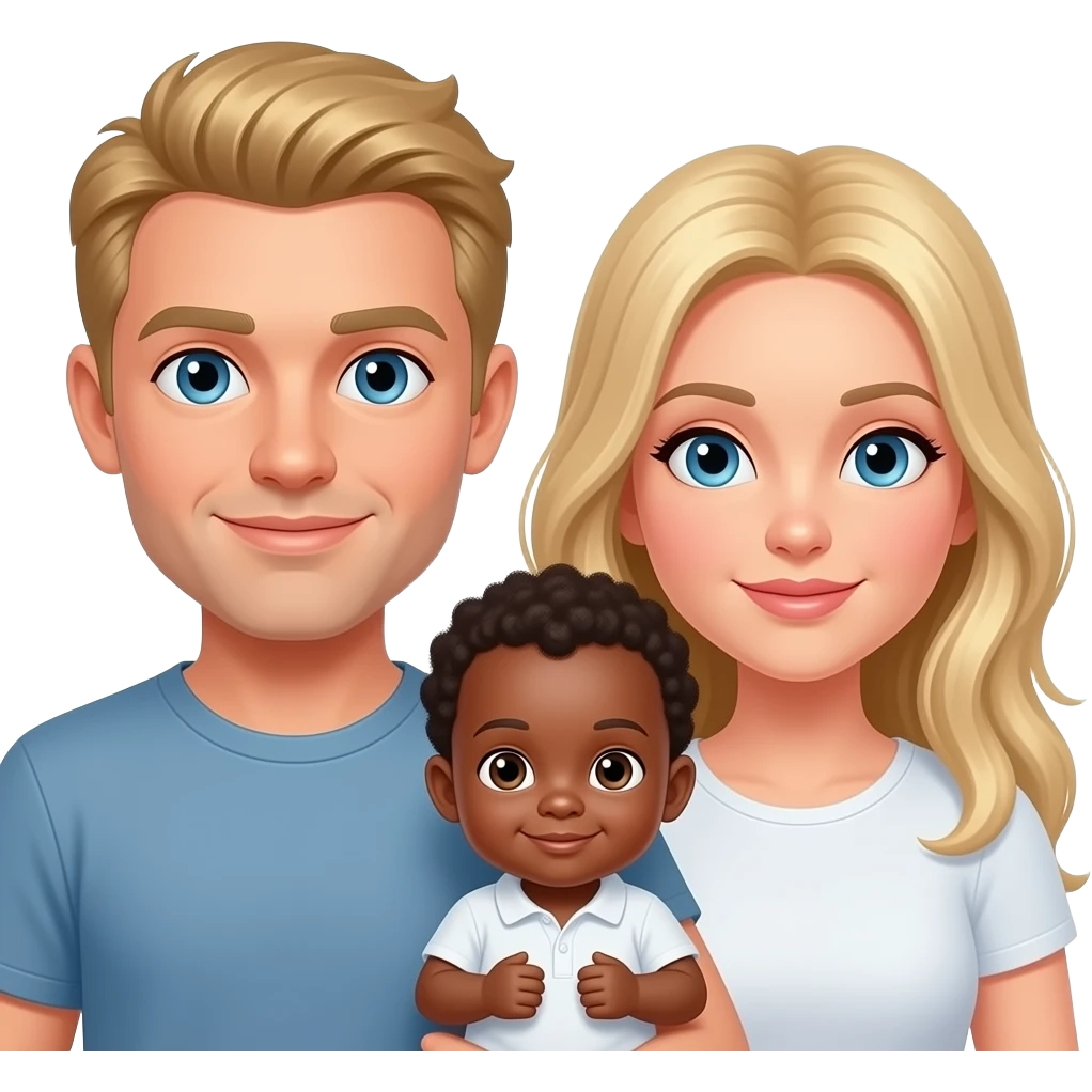 Caucasian man with blonde hair and blue eyes and Caucasian woman with blonde hair and blue eyes holding an African baby with brown eyes emoji