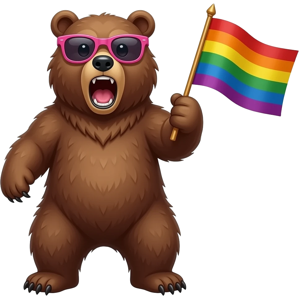 grizzly bear pink sunglasses roar holding pride flag emoji