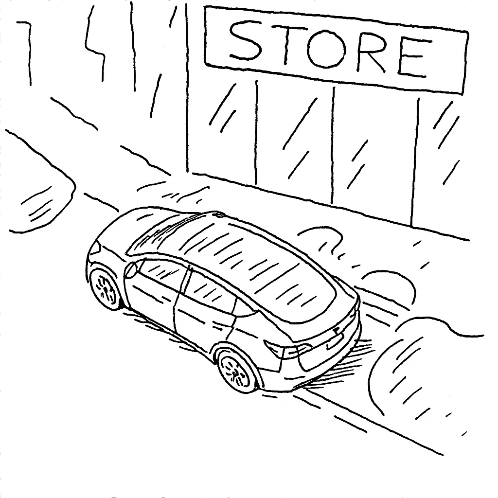 A Tesla Model Y parallel parking in front of a store, from above emoji