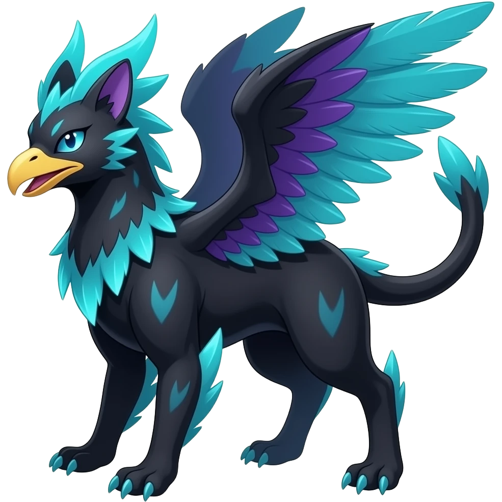 Black Dark Exotic Colorful Black, Cyan, Purple, Beaked Feathery Nocturnal Neon-glowing Abyssal Nightly Abyss-Cat-Gryphon-Salandit-Nargacuga-Silvally-Vernid-Sergal-Fakémon-Hybrid-Creature (full body) emoji