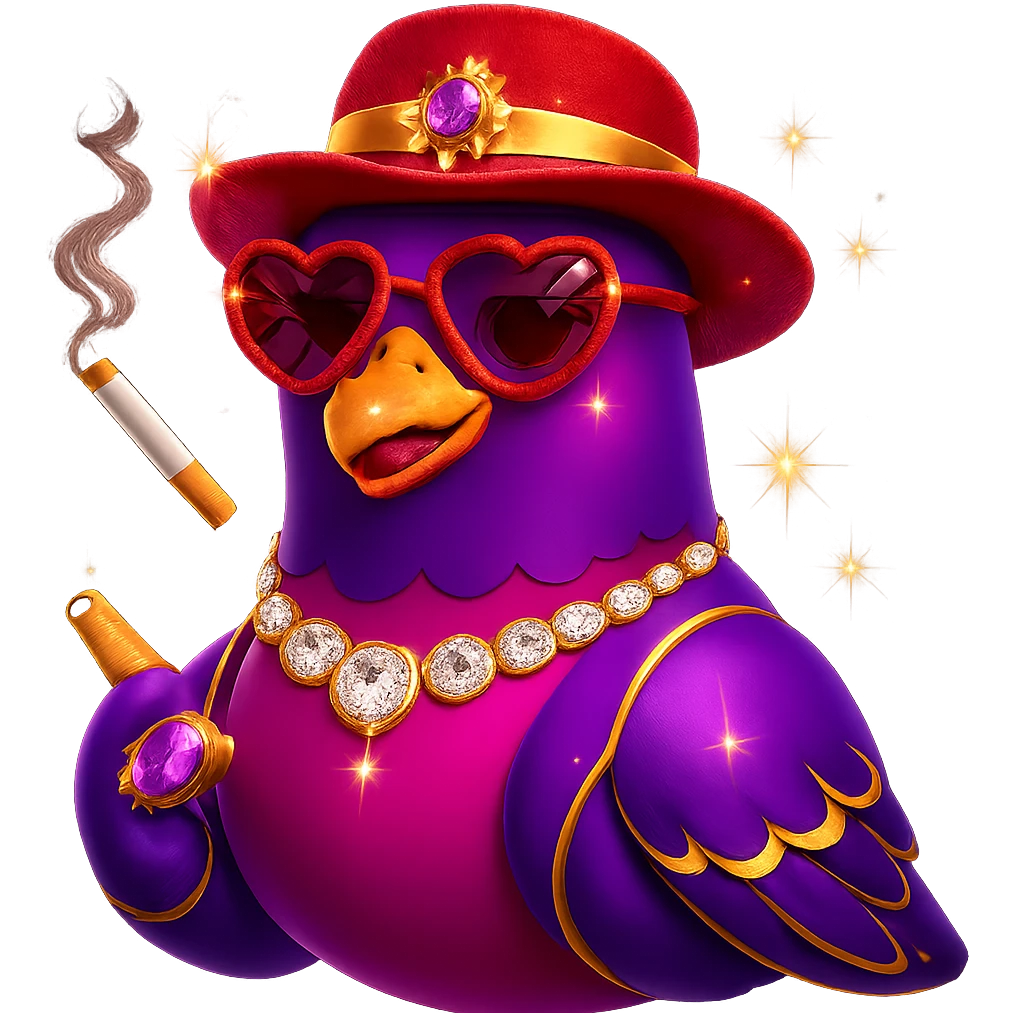 Make the pigeon more fabulous with a stylish hat, keep the cigarette, add vibrant and glamorous details in a 3D emoji style. emoji