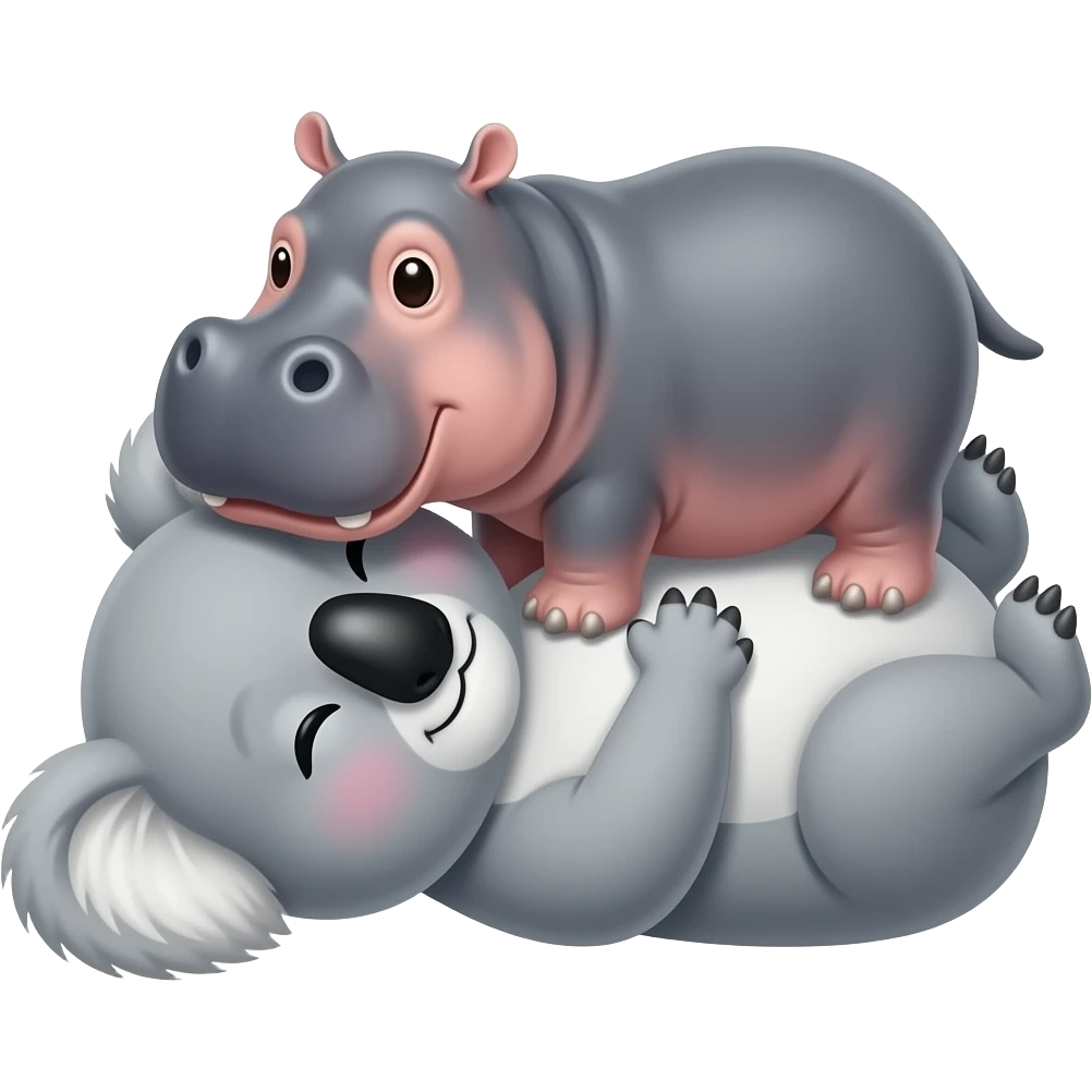 koala laying on back. Koala on bottom Hippo laying on top of it. Koala legs wrapped around hippo. Best friends snuggling.  Koala legs fully wrapped all around entire hippo closely. Hippo legs touching ground. emoji