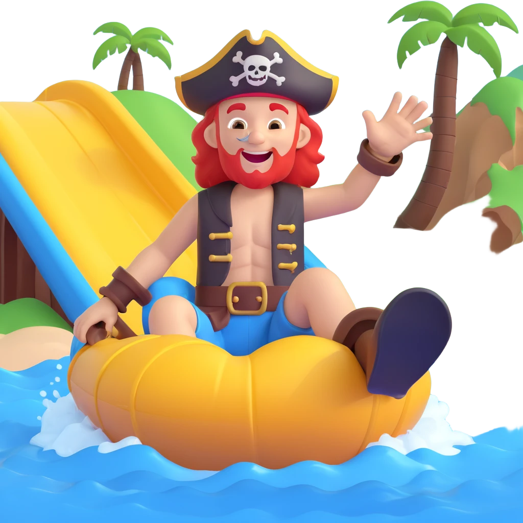 a pirate on a water slide, joyful expression, 3D emoji style emoji